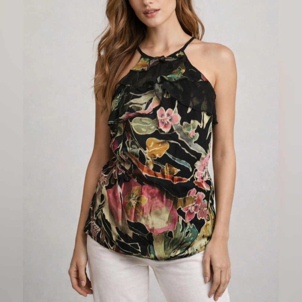 XXI Forever 21 Blouse Black Floral Silk Blend Halter Ruffle Pullover Siz…